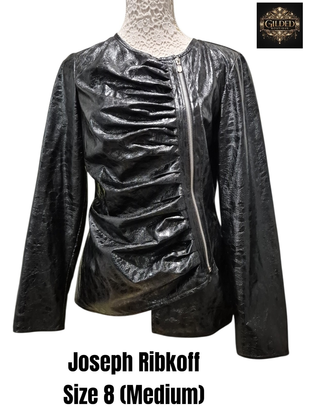 Joseph Ribkoff Asymmetrical Ruched Faux Leather Jacket Black Wet Look Size 8
